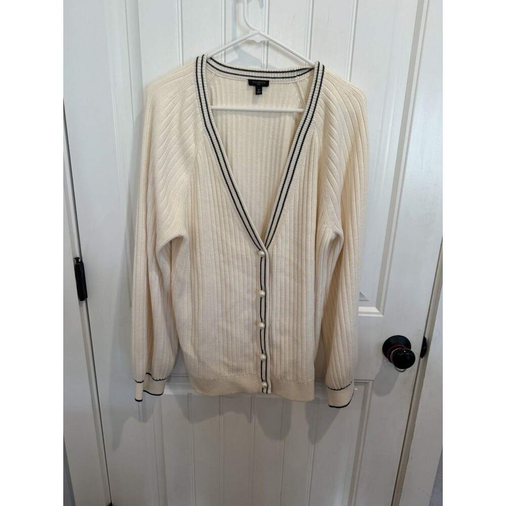 Talbots Plus 1X Cardigan Sweater Ivory Navy Trim Pearl Buttons Ribbed Preppy